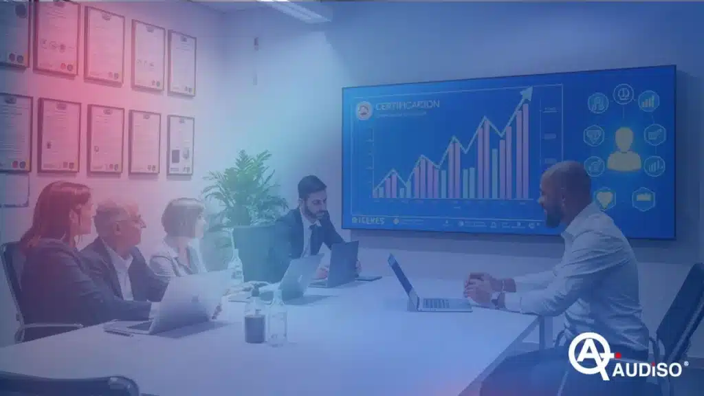 Un gruppo di persone in una sala conferenze sta guardando una presentazione su un grande schermo che mostra grafici e diagrammi. Sono visibili computer portatili e certificati.