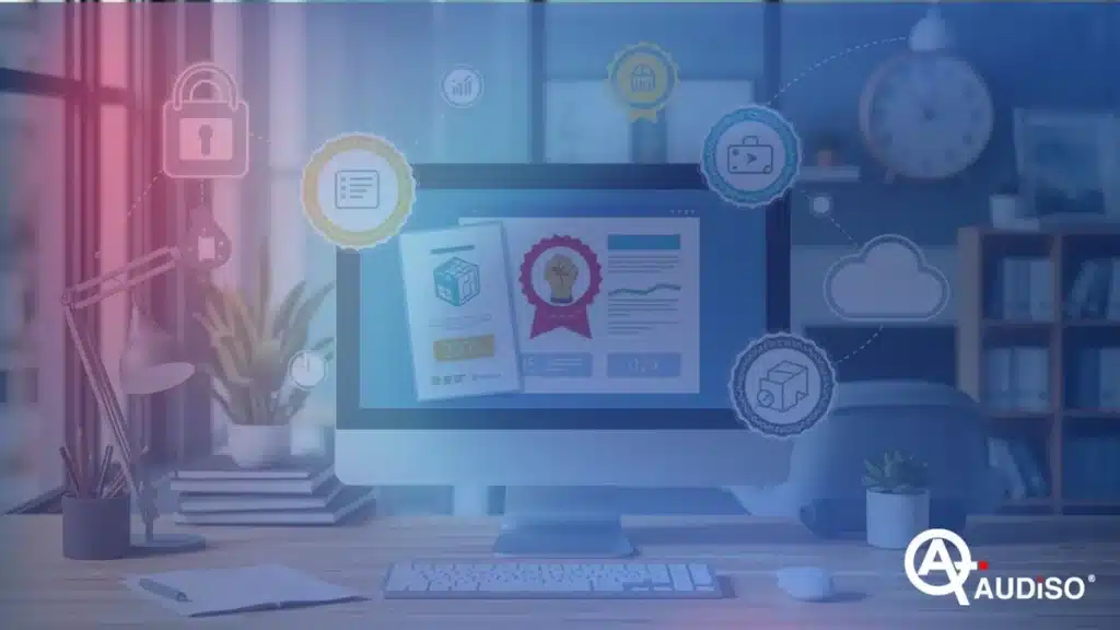 Uno schermo di computer che mostra varie icone digitali relative alla sicurezza informatica e al cloud computing, con il simbolo di un lucchetto, una rete e una grafica cloud, in un ambiente di lavoro domestico.