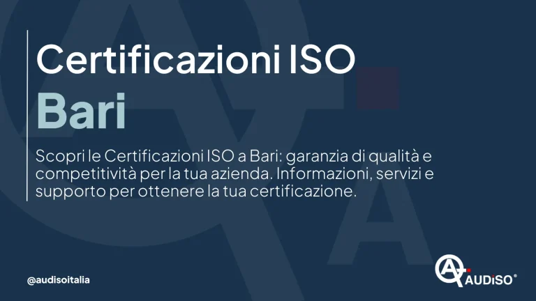 Il testo su sfondo blu scuro recita: "Certificazioni ISO Bari. Scopri le Certificazioni ISO a Bari: garanzia di qualità e competitività per la tua azienda. Informazioni, servizi e supporto per ottenere la tua certificazione." Logo nell'angolo in basso a destra.