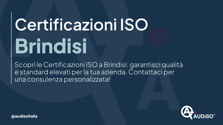 Testo in italiano su sfondo blu che promuove le certificazioni ISO a Brindisi. Mette in risalto l'alta qualità e gli standard per le aziende, offrendo consulenze personalizzate. Include "@audisoitalia" e il logo Audiso.