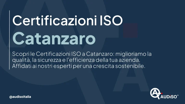 Immagine con sfondo blu scuro contenente il testo: "Certificazioni ISO Catanzaro. Scopri le Certificazioni ISO a Catanzaro: miglioriamo la qualità, la sicurezza e l'efficienza della tua azienda. Affidati ai nostri esperti per una crescita sostenibile.