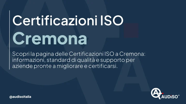 Testo in italiano su sfondo blu scuro: "Certificazioni ISO Cremona. Scopri la pagina delle Certificazioni ISO a Cremona: informazioni, standard di qualità e supporto per aziende pronte a migliorare e certificarsi." Logo nell'angolo in basso a destra.