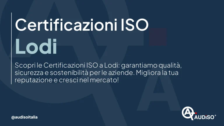Lettura del testo "Certificazioni ISO Lodi. Scopri le Certificazioni ISO a Lodi: garantiamo qualità, sicurezza e sostenibilità per le aziende. Migliora la tua reputazione e cresci nel mercato!" con un logo e la maniglia dei social media in basso.