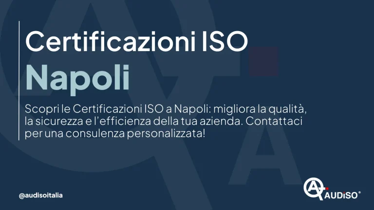 Sfondo blu scuro con testo grande: "Certificazioni ISO Napoli". Un testo più piccolo in italiano spiega i vantaggi dell'ottenimento della certificazione ISO per le aziende di Napoli e invita a contattarci per una consulenza personalizzata. Logo e handle dei social media in basso a destra.