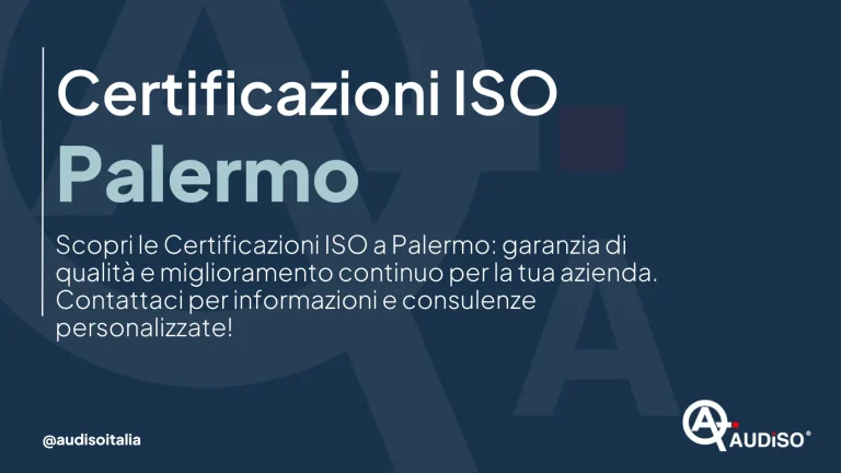 Il testo recita: "Certificazioni ISO Palermo. Scopri le Certificazioni ISO a Palermo: garanzia di qualità e miglioramento continuo per la tua azienda. Contattaci per informazioni e consulenze personalizzate!" Include il logo Audiso e @audisoitalia.