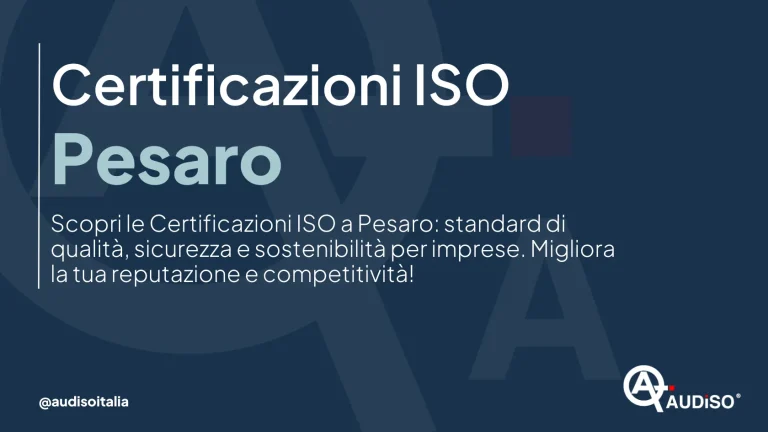 Sfondo blu scuro con testo bianco: "Certificazioni ISO Pesaro". Testo più piccolo in italiano sulle certificazioni ISO che migliorano la reputazione e la competitività delle aziende. Logo all'angolo.