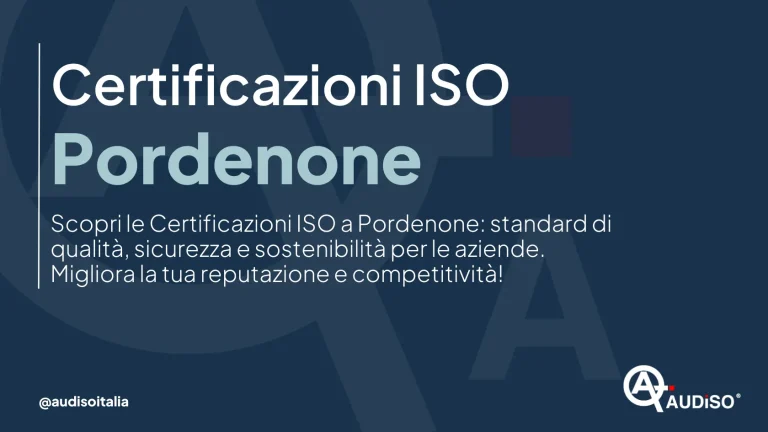 Sfondo blu scuro con grande testo bianco con la scritta "Certificazioni ISO Pordenone". Un testo più piccolo in italiano descrive le certificazioni ISO a Pordenone per qualità, sicurezza e sostenibilità. Sono presenti loghi e handle dei social media.