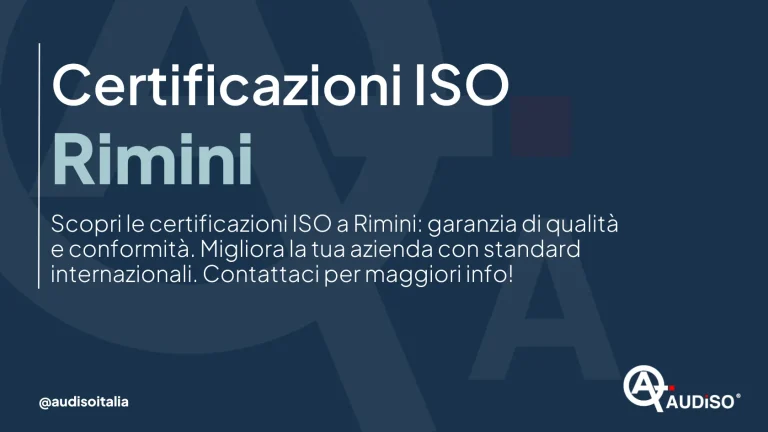 L'immagine presenta un testo in italiano sulle certificazioni ISO a Rimini, che sottolinea gli standard di qualità e conformità. Include il logo Audiso nell'angolo in basso a destra e il loro handle Instagram, @audisoitalia.