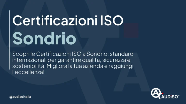 Testo su fondo blu scuro con disegni sovrapposti: "Certificazioni ISO Sondrio. Scopri le Certificazioni ISO a Sondrio: standard internazionali per garantire qualità, sicurezza e sostenibilità. Migliora la tua azienda e raggiungi l'eccellenza!" Logo in basso a destra.